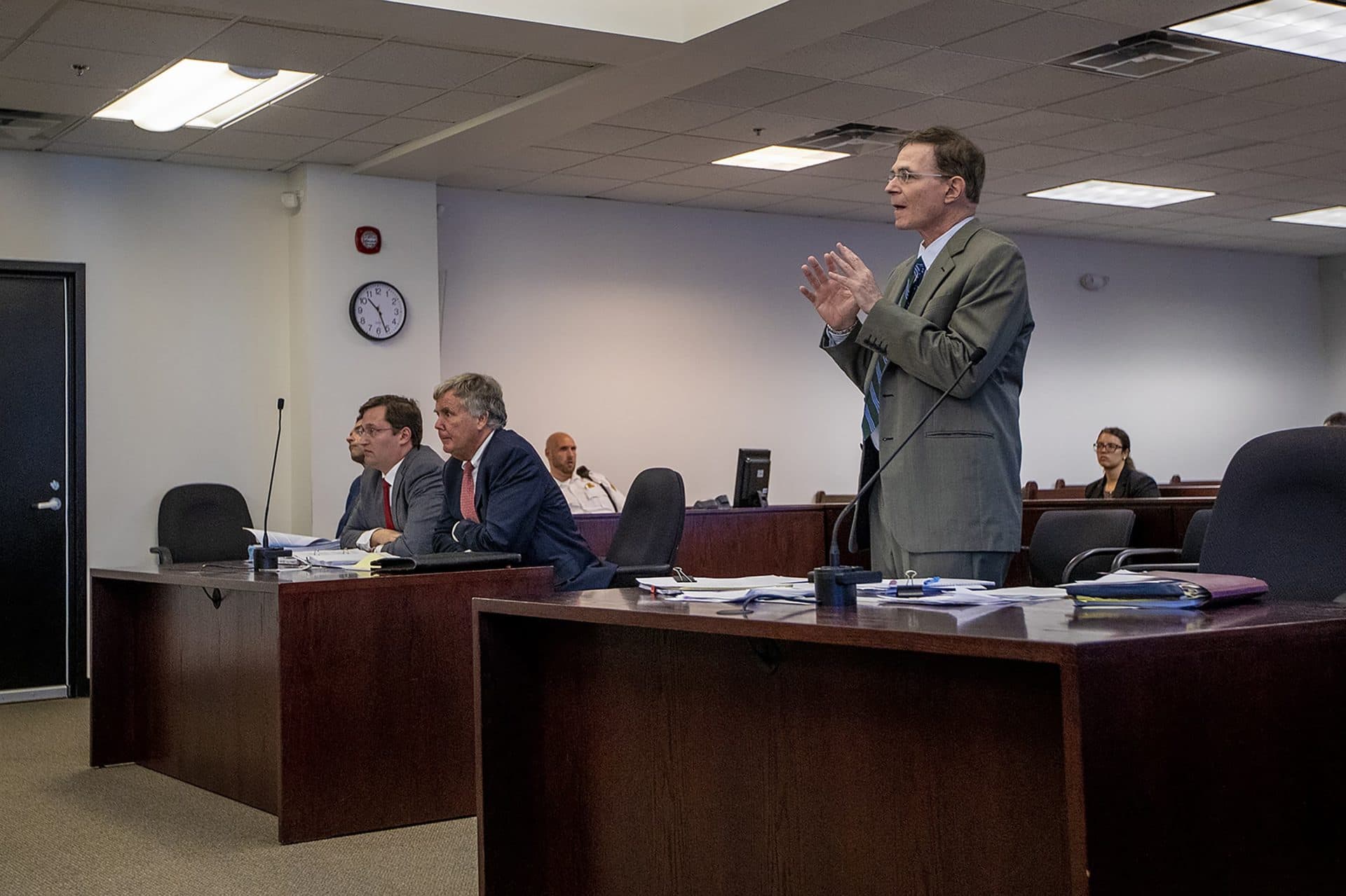 David Hass, right, argues in Middlesex Superior Court on behalf of Jimmy Davison's family. (Jesse Costa/WBUR)