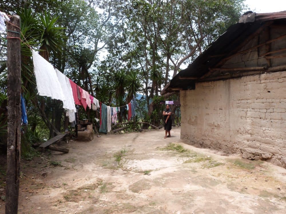 A woman stands outside her mountaintop home in rural Honduras where running water and outdoor plumbing are scarce. (Karyn Miller-Medzon/Here & Now)