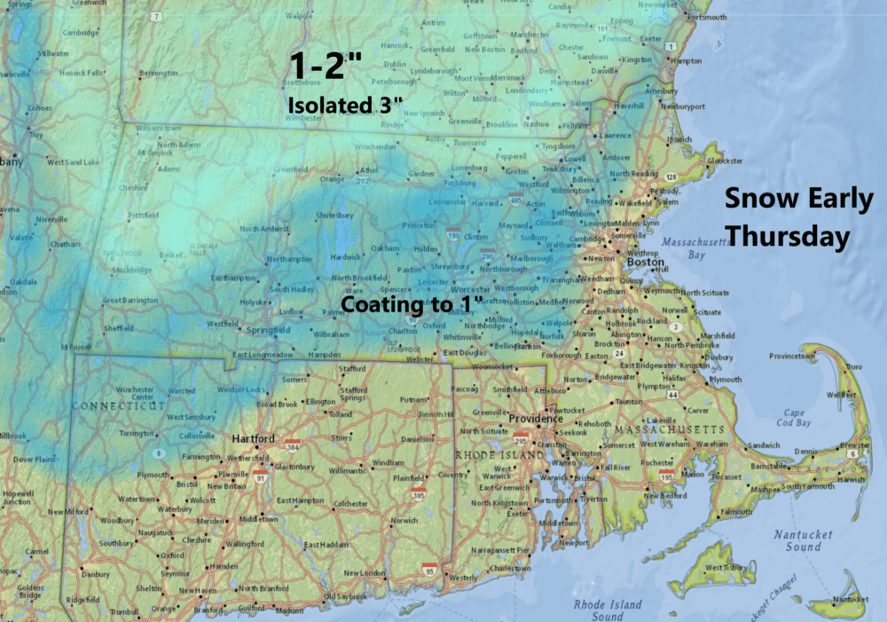 Northern most Massachusetts and southern New Hampshire could see a coating to a couple of inches of snow Thursday morning. (Dave Epstein/WBUR)