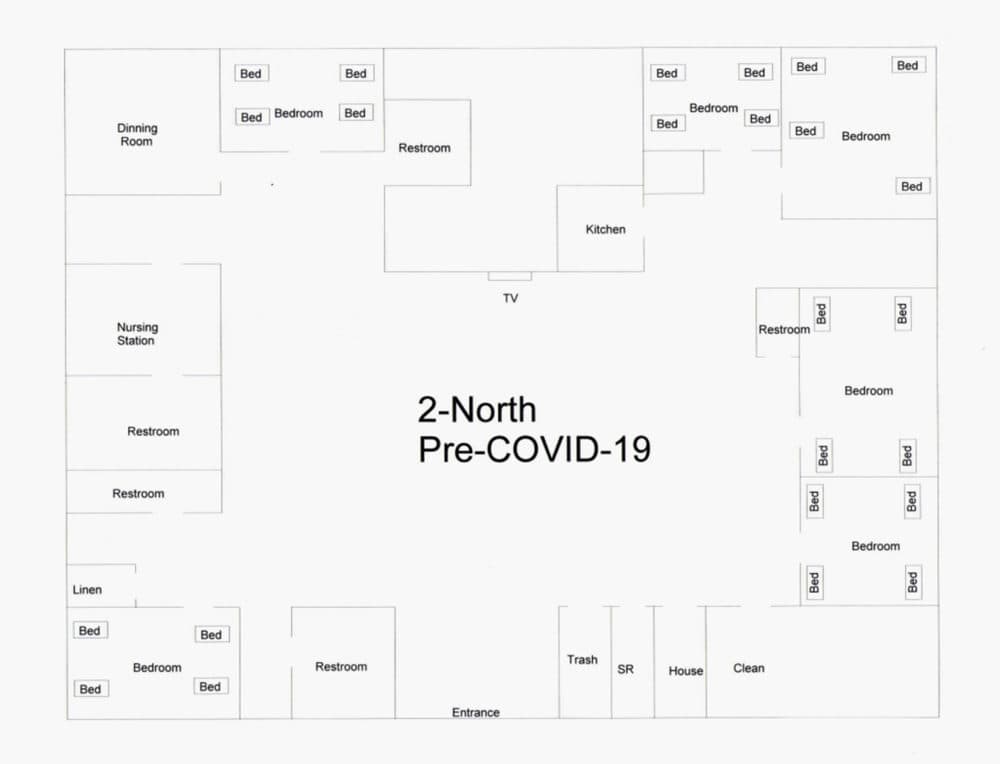 Upon request, the CNA drew two floor plans, one to show the layout of beds on 2 North before the outbreak, as seen above, and one to show the changes that were made on March 27, as seen below. The drawings were digitized to protect the identity of the CNA. WBUR cannot verify whether these drawings are exactly to scale, but at least two other employees have said they are accurate.