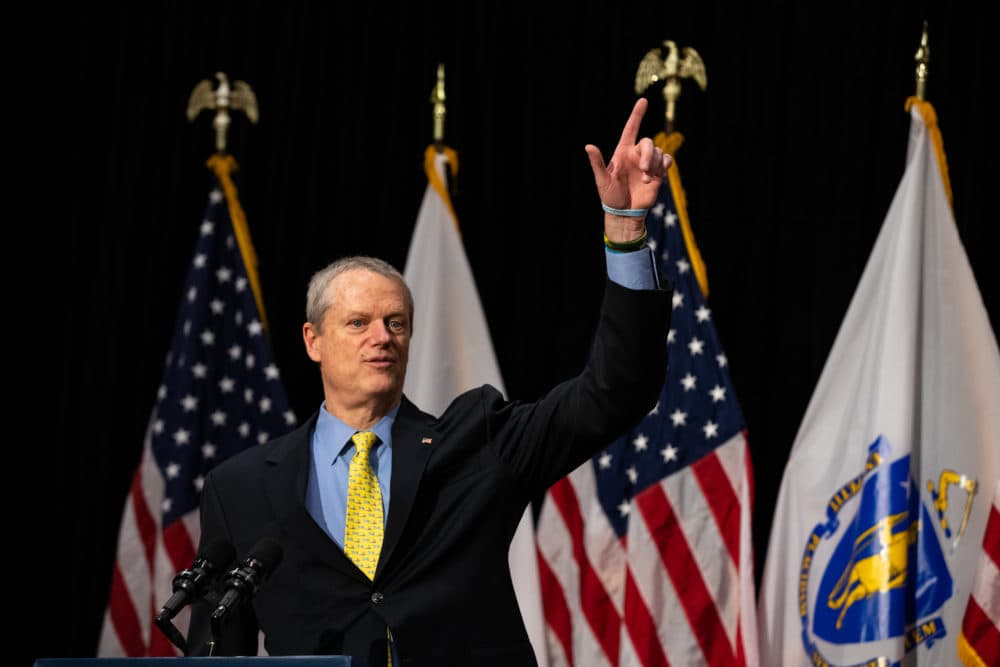 Gov. Charlie Baker speaks at the daily coronavirus briefing on Thursday, April 30. (Sam Doran/State House News Service)