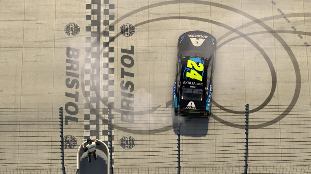 A virtual race car on a virtual Bristol Motor Speedway. (Chris Graythen/Getty Images)