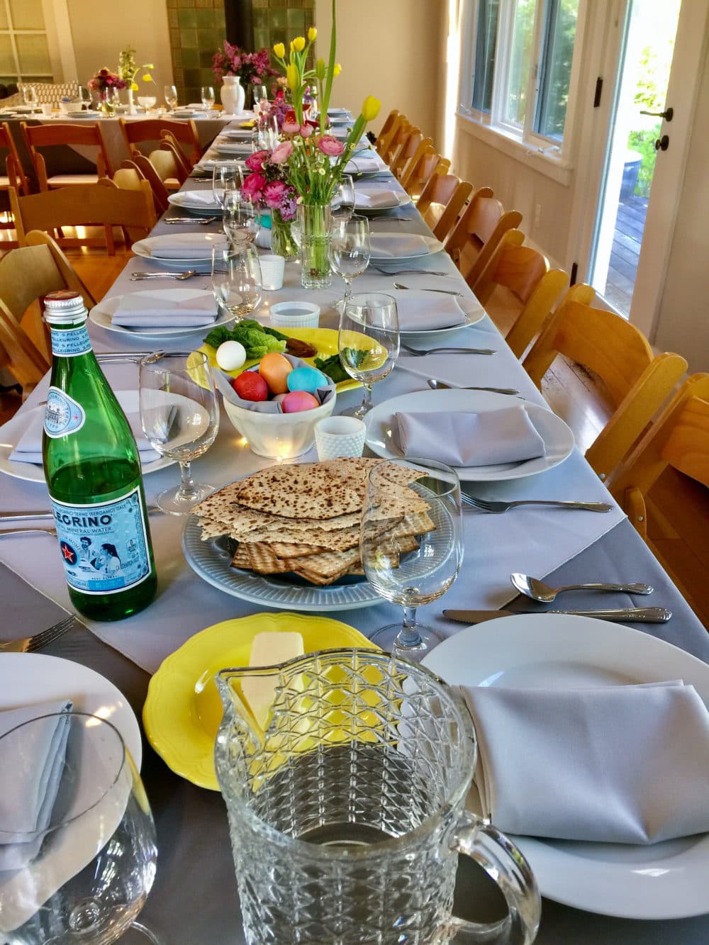 A look at last year's Passover table. We won’t be seeing big tables or gatherings like this in 2020 but we can still make the holiday special. (Kathy Gunst/Here & Now)