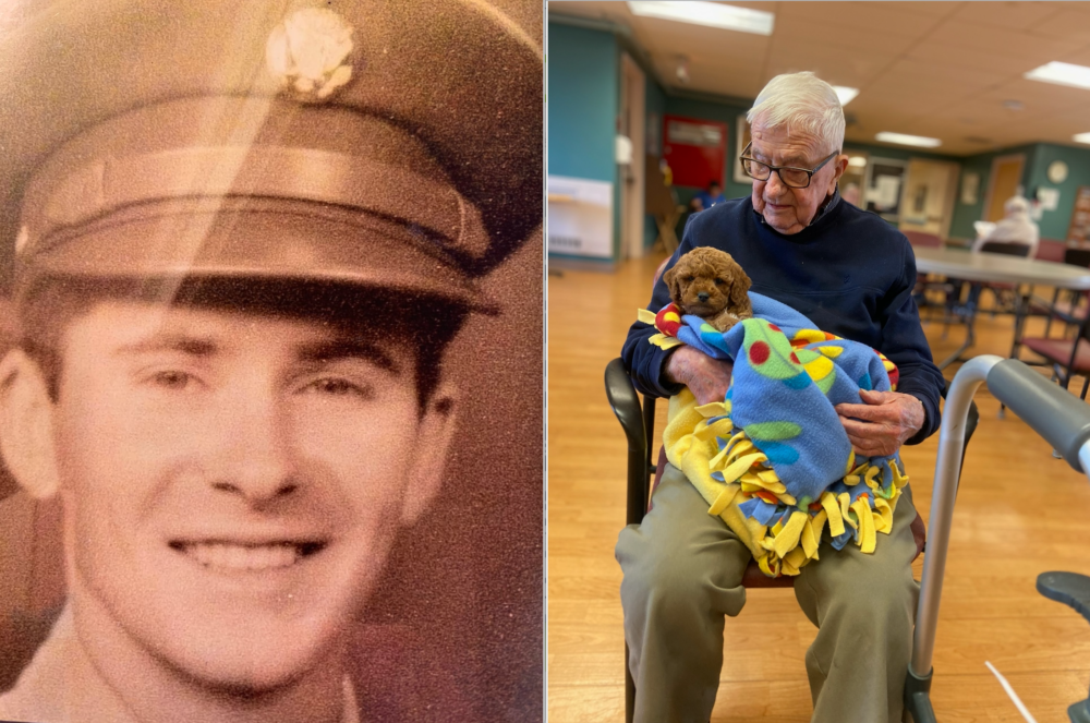 John MacKay. Left, as a soldier in WWII; at right, recently in the Solders' Home. (Courtesy of Maura Fierro)