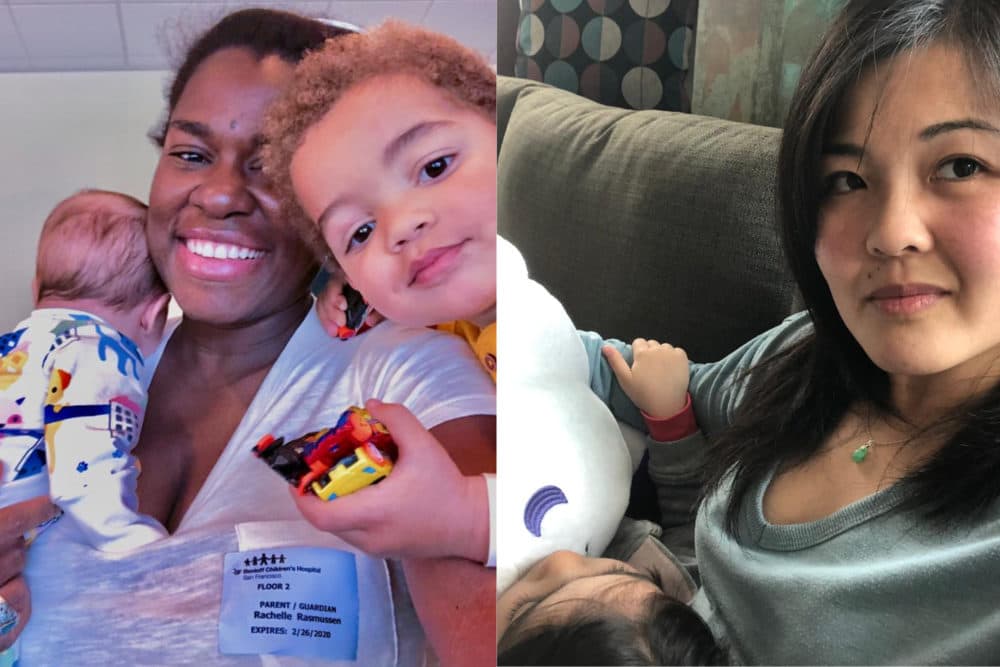 Rachelle Rasmussen (left) with her two children, and Tracy Dooley with her daughter. (Courtesy)