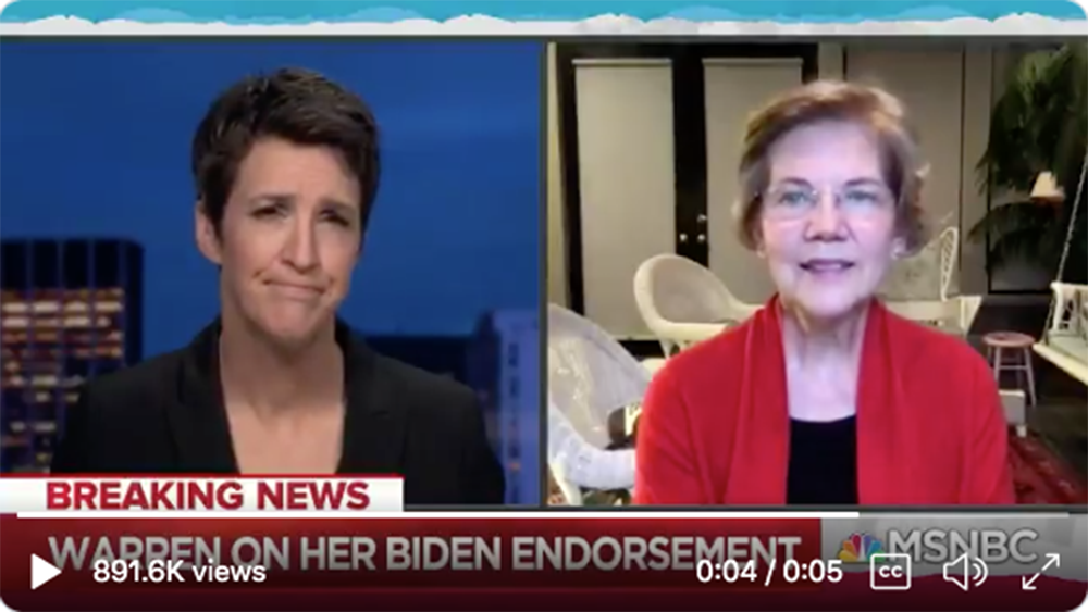 Sen. Elizabeth Warren speaks with MSNBC's Rachel Maddow. (Screenshot via Twitter)