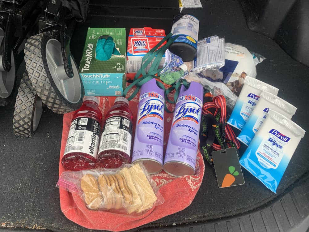 Woodford's "bag of tricks," which includes her personal stockpile of disinfectants. (Theresa Woodford)