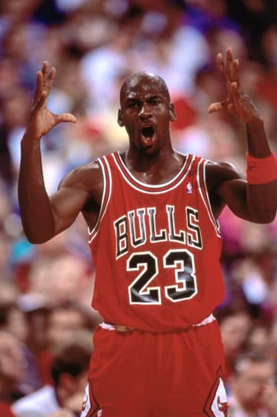 Michael Jordan #23 shows emotion against the Portland Trailblazers during a game played at the Veterans Memorial Coliseum in Portland, Oregon circa 1991. (Photo by Brian Drake/NBAE via Getty Images)