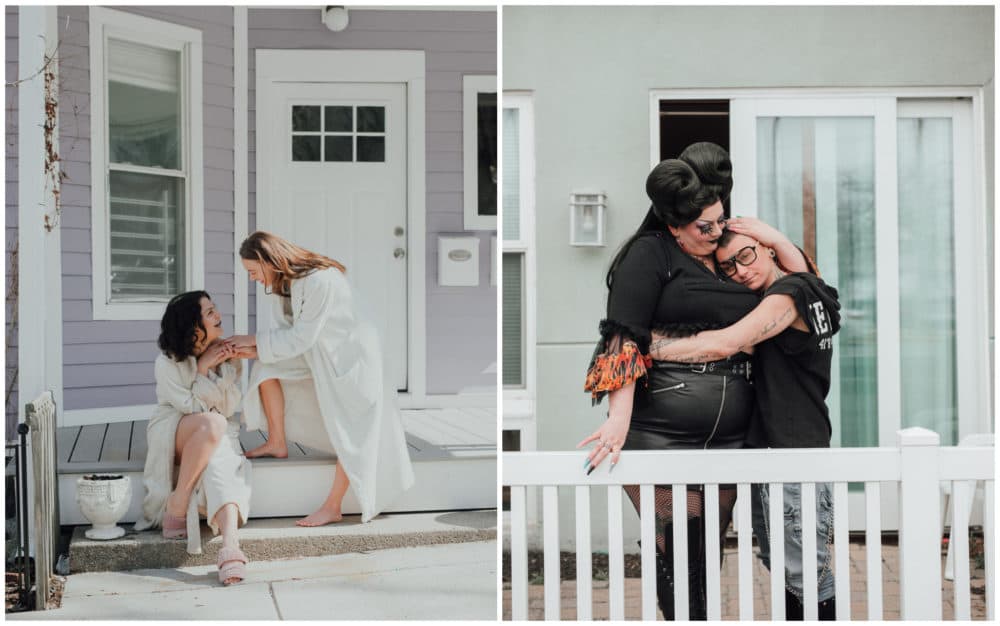 Left: Masha and Eleanor on their porch in Jamaica Plain. Right: Kirbie and Po outside of their home in Revere. (Courtesy Ally Schmaling)