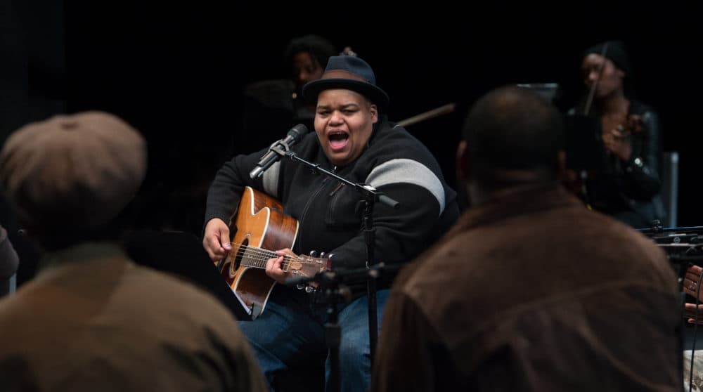 Toshi Reagon performs during "Octavia E. Butler's Parable of the Sower: A Concert Performance" at ArtsEmerson in 2017. (Courtesy Kevin Yaratola)