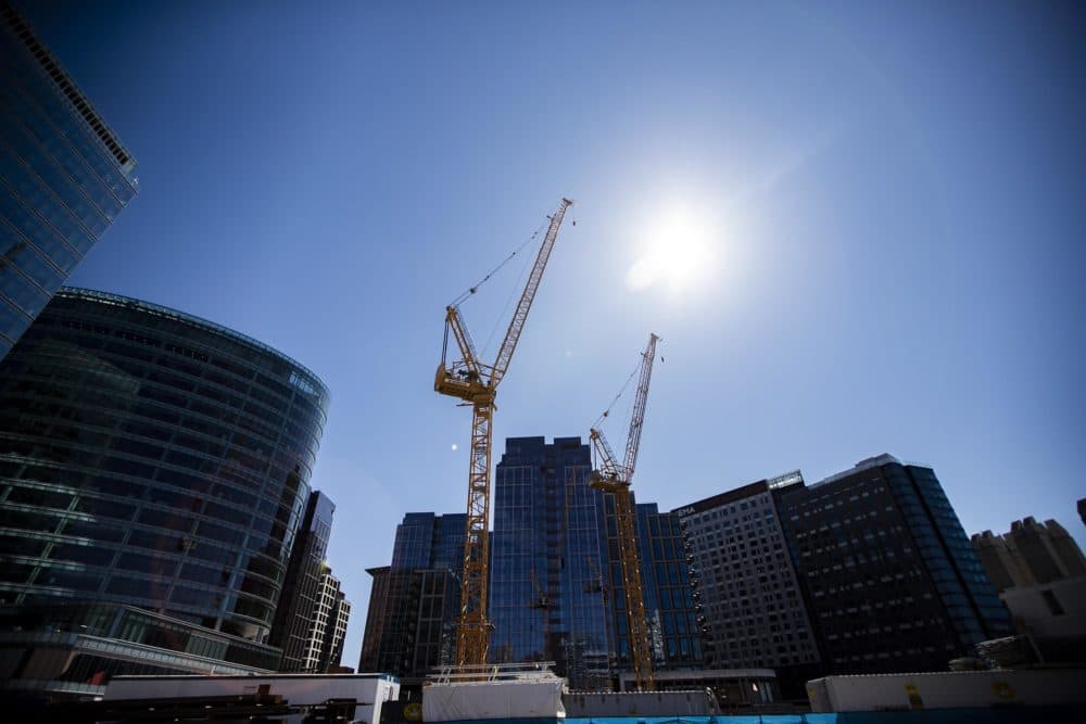 All is quiet on April 5, 2020, in the Seaport where construction activity has ceased. (Jesse Costa/WBUR)