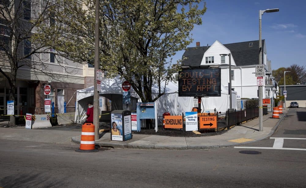 The drive-in and walk-in testing station at Bowdoin Street Health Center in Dorchester, Mass. (Robin Lubbock/WBUR)