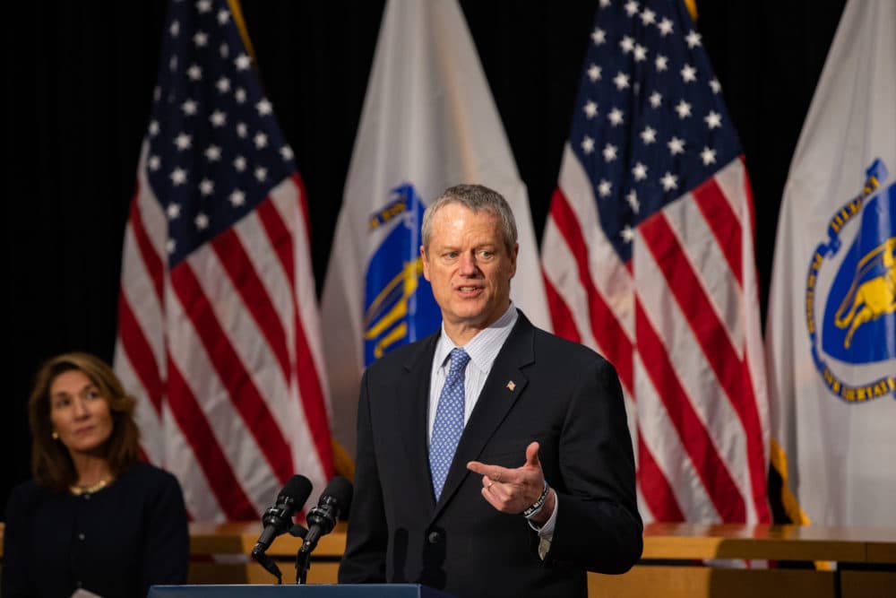 Lt. Gov. Karyn Polito watches as Massachusetts Gov. Charlie Baker addresses the media.(Chris Van Buskirk, SHNS)