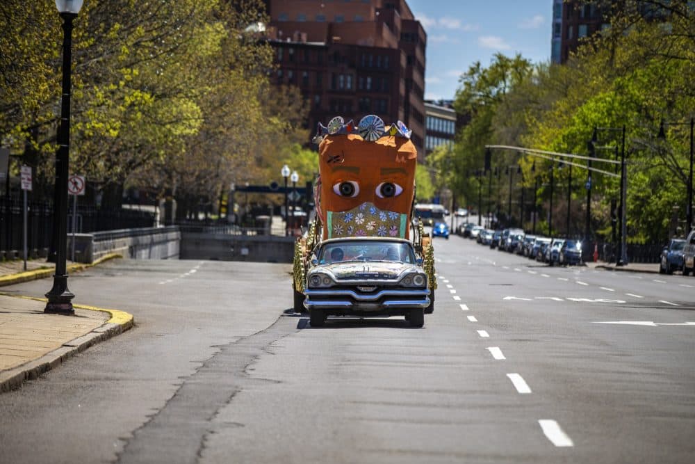 "The Corona/Crown Project" makes it’s inaugural journey around Boston down Charles Street. It’s an artistic collaboration between ArtSpace Maynard and The Revolving Museum that celebrates front-line workers and encourages adherence to public health rules. (Jesse Costa/WBUR)