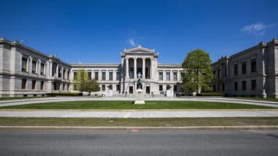 The typically lively front entrance of the Museum of Fine Arts is deserted during the coronavirus pandemic. (Jesse Costa/WBUR)