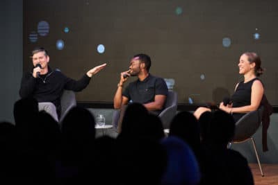 BOSTON, MA - SEPTEMBER 17: Colby College philosophy professor Lydia Moland moderates a discussion with “The Good Place” creator Michael Schur and actor William Jackson Harper, analyzes what it means to do the right thing, at WBUR’s CitySpace in Boston, Mass., Tuesday, September 17, 2019 . (Photo by Gabe Souza/Lone Spruce Creative)