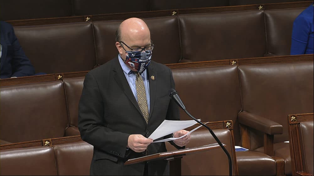 In this image from video, Rep. Jim McGovern, D-Mass., speaks on the floor of the House of Representatives at the U.S. Capitol in Washington, April 23, 2020. (House Television via AP)