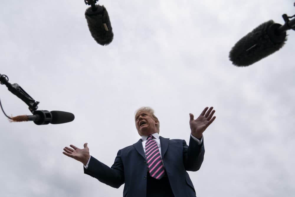 President Donald Trump talks to reporters before boarding Air Force One for a trip to Phoenix to visit a Honeywell plant that manufactures protective equipment, Tuesday, May 5, 2020, in Andrews Air Force Base, Md. (Evan Vucci/AP)