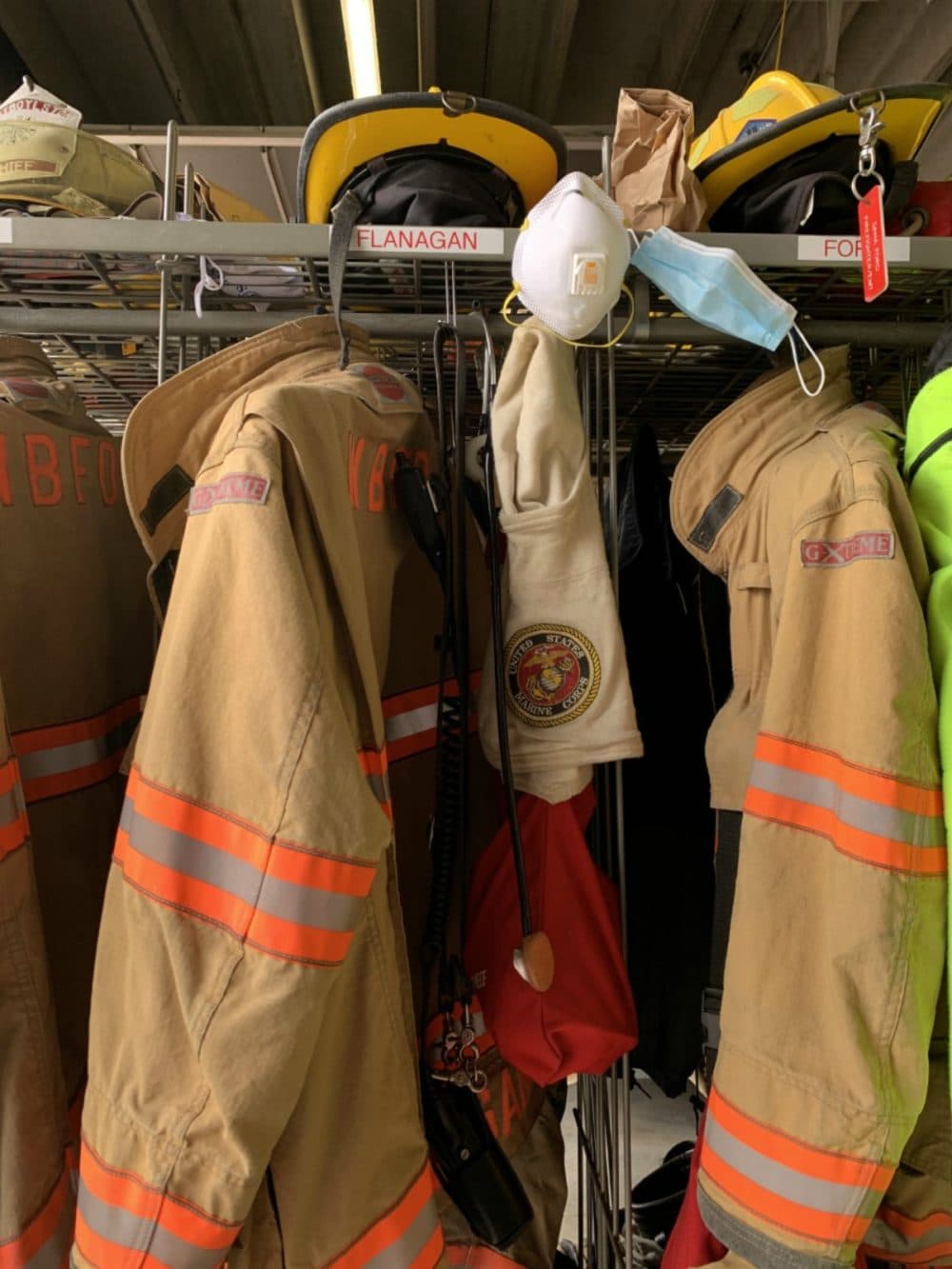 Ted's locker is filled with his gear, including N95 masks and other types of PPE. (Courtesy)