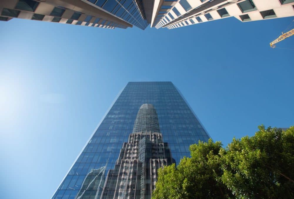 Salesforce Tower reflects a neighboring building in downtown San Francisco, California on February 6, 2019. (Josh Edelson/AFP/Getty Images)