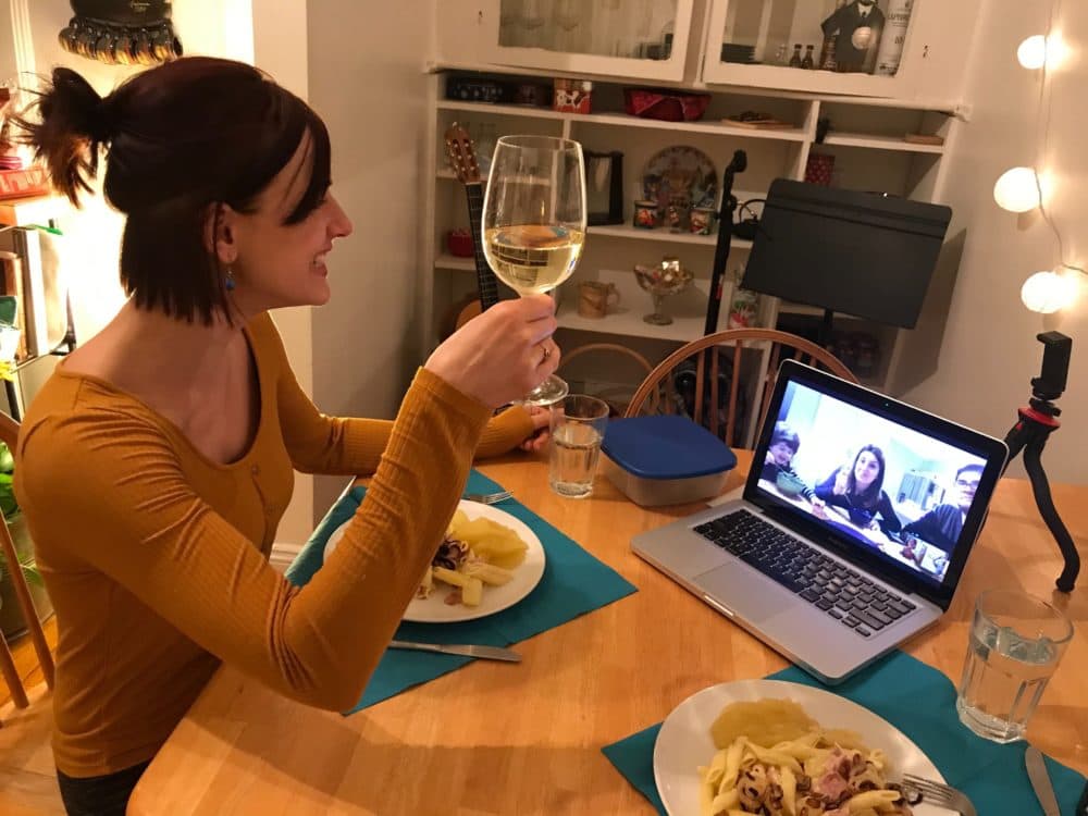 Gabriela Martina dines remotely with friends Jorge Perez-Albela, Sissy Castrogiovanni and their son Manuel. (Courtesy Gabriela Martina)