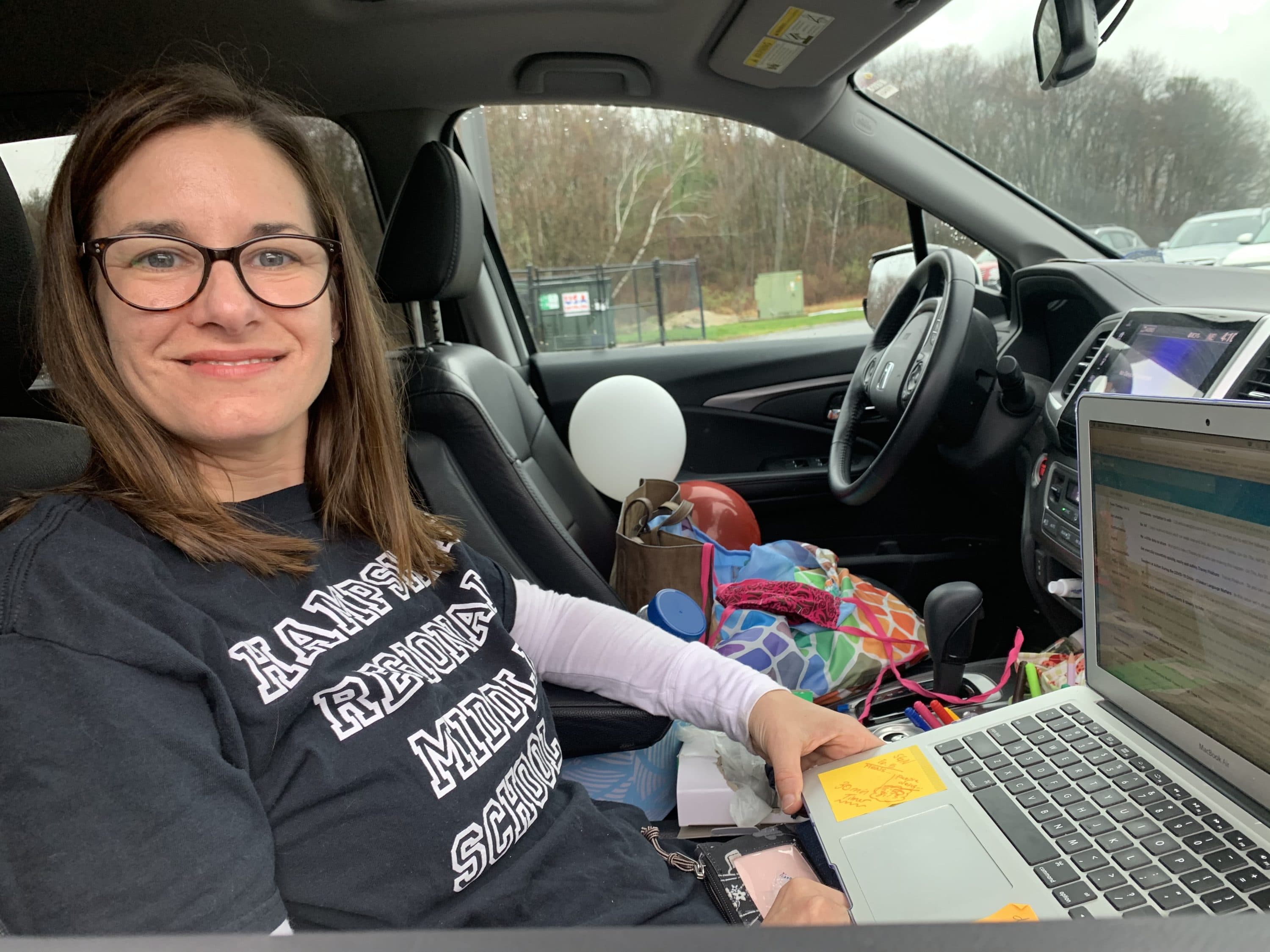 Social studies teacher Tracey Pinkham joins other cars in the parking lot each day to access Wi-Fi so she can teach and join staff meetings. (Courtesy Natalie Szewczyk)
