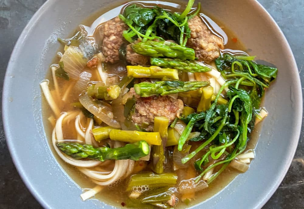 Spring miso broth with greens and ginger meatballs. (Kathy Gunst/Here & Now)
