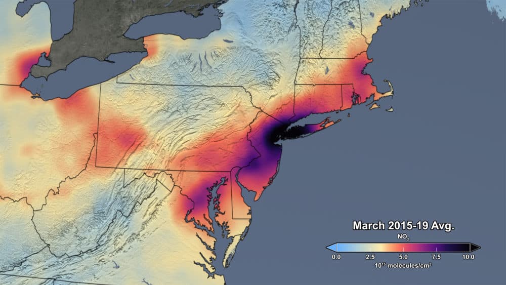 Nitrogen Dioxide, March 2015-2019 average, Northeast USA (NASA)
