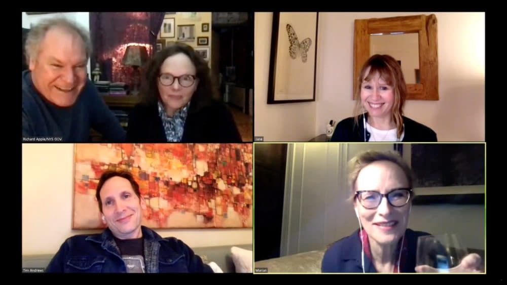 Clockwise from top left: Jay O. Sanders, Maryann Plunkett, Sally Murphy, Laila Robins and Stephen Kunken in "What Do We Need To Talk About?" (Courtesy The Public Theater)