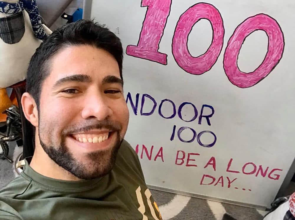 Michael after finishing his first 100-mile indoor run. (Courtesy Michael Ortiz)