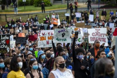 Thousands of protesters gathered at the Shattuck Picnic Grove during the Black Lives Matter vigil in Roxbury. (Jesse Costa/WBUR)