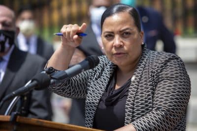 Rachael Rollins, speaking at the Massachusetts State House in June. (Robin Lubbock/WBUR)