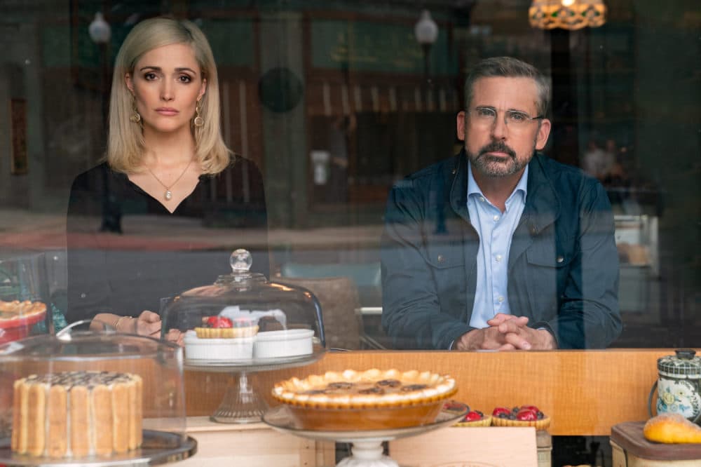 Rose Byrne as Faith Brewster and Steve Carell as Gary Zimmer in Jon Stewart's film "Irresistible." (Courtesy Daniel McFadden/Focus Features)