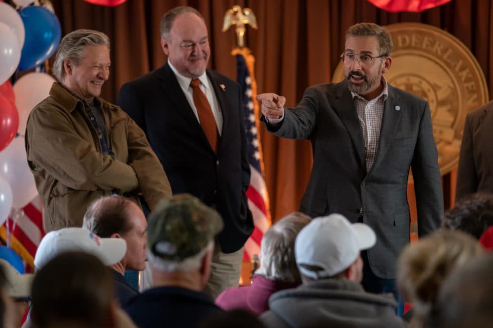 Chris Cooper as Jack Hastings, Brent Sexton as Mayor Braun and Steve Carell as Gary Zimmer in "Irresistible." (Courtesy Daniel McFadden/Focus Features)