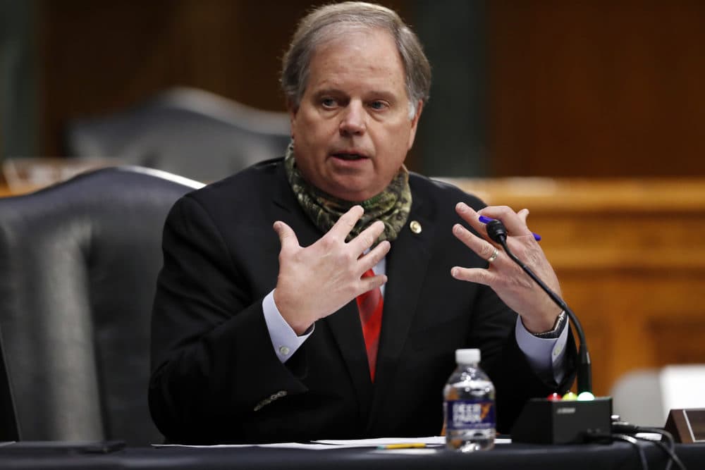 Sen. Doug Jones speaks during a Senate Health Education Labor and Pensions Committee hearing on new coronavirus tests on May 7, 2020. (Andrew Harnik/Pool/AP)