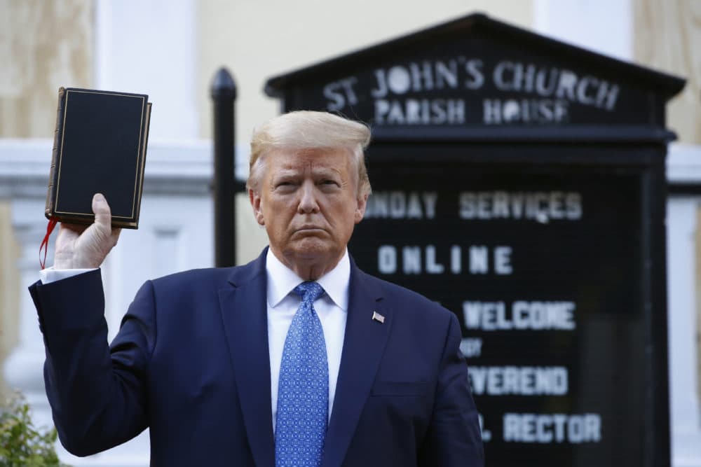 President Donald Trump holds a Bible as he visits outside St. John's Church across Lafayette Park from the White House Monday, June 1, 2020, in Washington. (Patrick Semansky/AP Photo)