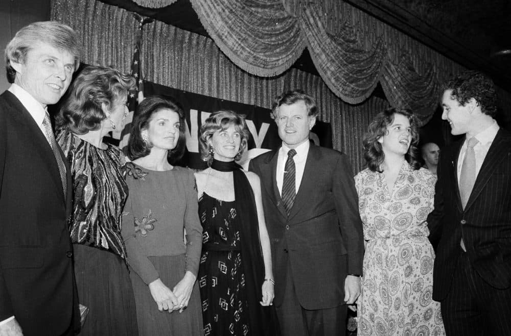 In this Dec. 12, 1979 file photo, members of the Kennedy family pose at a fund raising dinner at the Hotel Pierre in New York. From left: Steve Smith, Pat Lawford, Jackie Onassis, Jean Kennedy Smith, Sen. Edward M. Kennedy (D-Mass.), Kerry Kennedy, daughter of the late Robert F. Kennedy, and Steve Smith Jr. (Richard Drew/AP File)