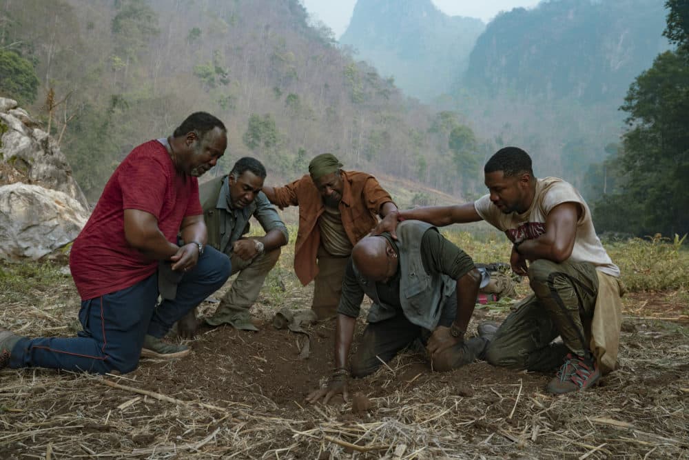 Left to right, Isiah Whitlock Jr., Norm Lewis, Clarke Peters, Delroy Lindo and Jonathan Majors in “Da 5 Bloods.” (Courtesy David Lee/Netflix)