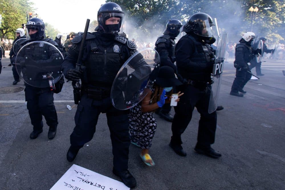 A demonstrator tries to pass between a police line wearing riot gear as they push back demonstrators outside of the White House, June 1, 2020 in Washington D.C., during a protest over the death of George Floyd, (JOSE LUIS MAGANA/AFP via Getty Images)