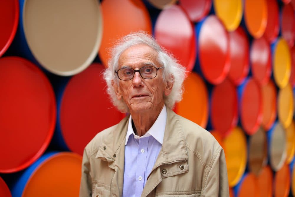 Bulgarian artist Christo poses in front of the monumental "Mastaba" art work at the Maeght Foundation (Fondation Maeght) on the opening day of the exibition on June 4, 2016 in Saint-Paul-de-Vence, southeastern France. (Valery Hache/AFP via Getty Images)