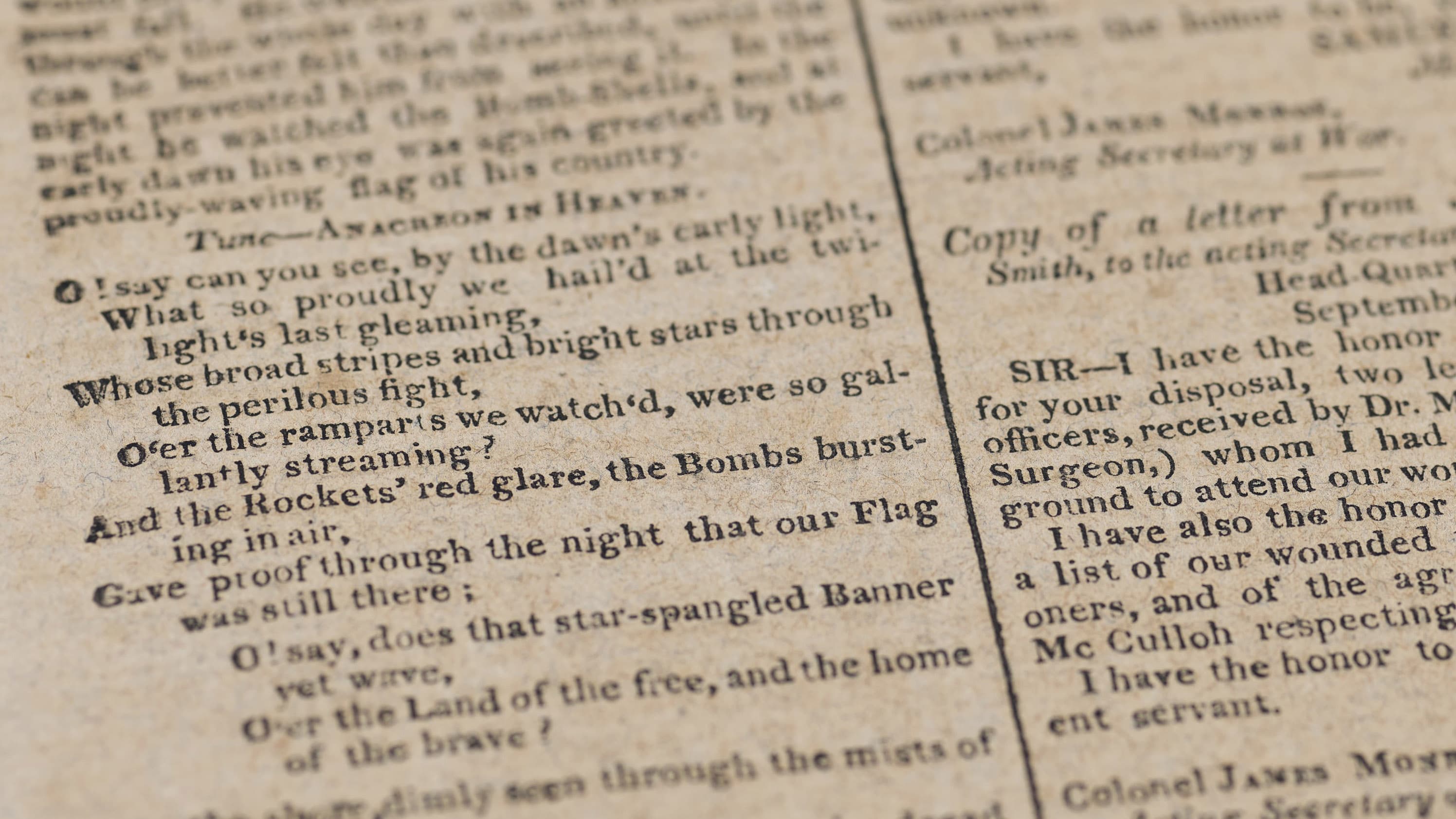 The first printing of "The Star-Spangled Banner" by Francis Scott Key appeared in 1814. The the American Antiquarian Society is selling one of its two copies. (Courtesy Christie's)