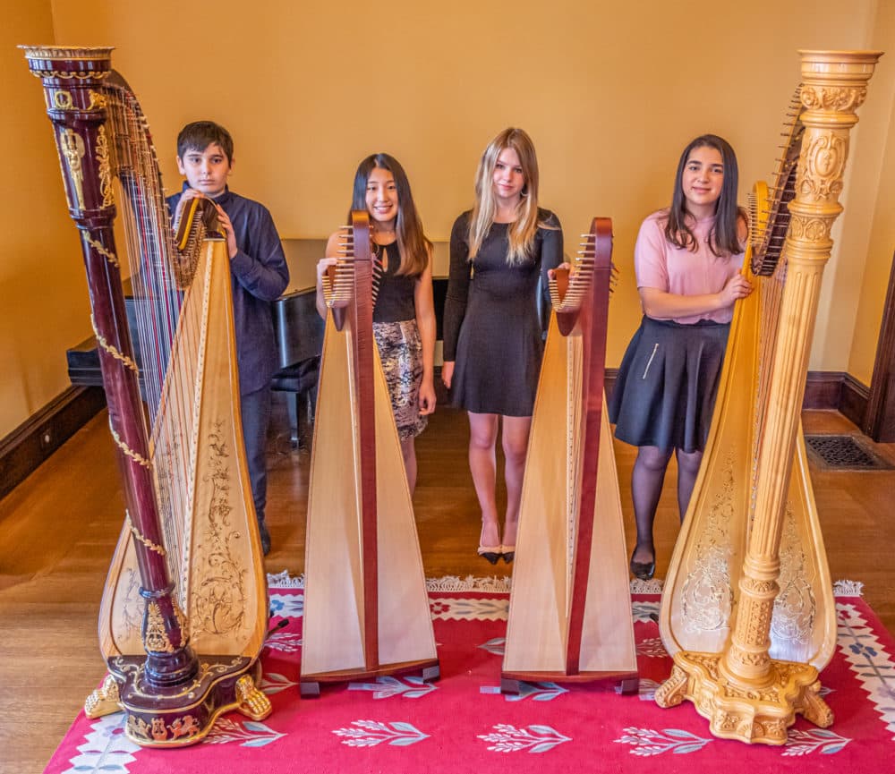 Harp students Aaron Stewart, Olivia Lee, Zoe Gardner-Matviak, Angelina Kekhia before Massachusetts asked residents to stay home. (Courtesy Cynthia Cole)