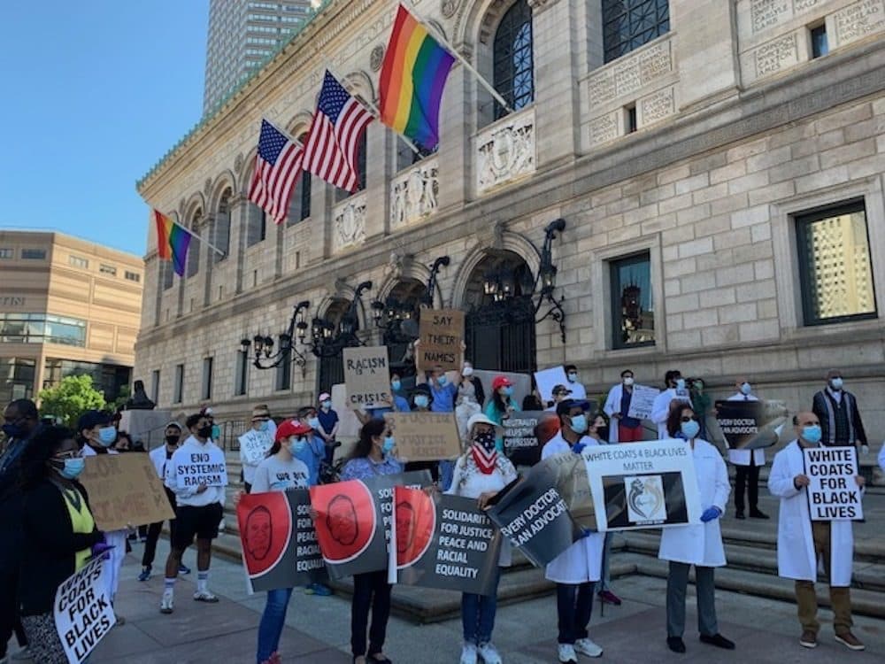 Health care workers at the ‘White Coats For Black Lives’ rally in Copley Square on Sunday. (Photo courtesy Raabia Malik)