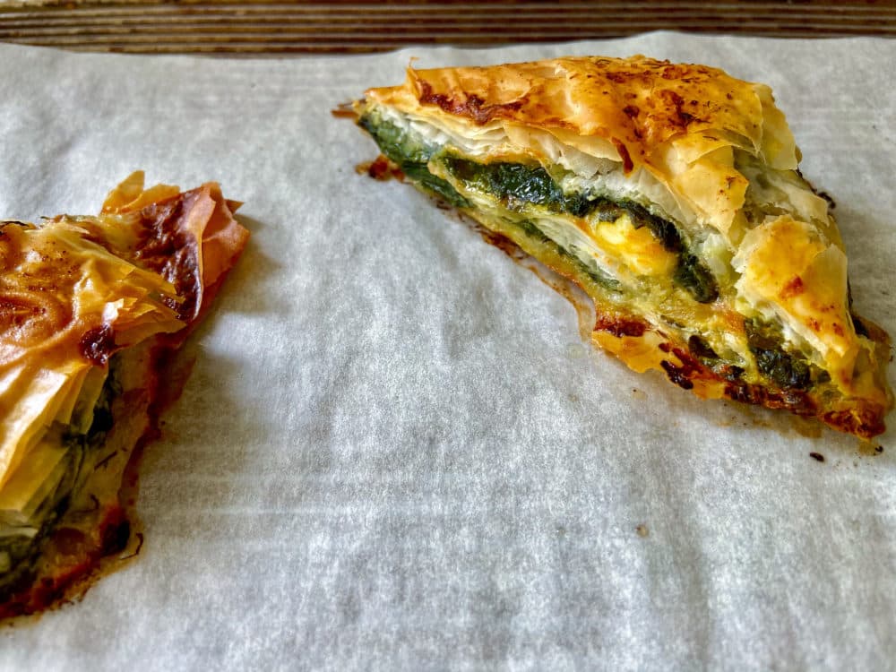 Spinach and feta triangles. (Kathy Gunst/Here & Now)