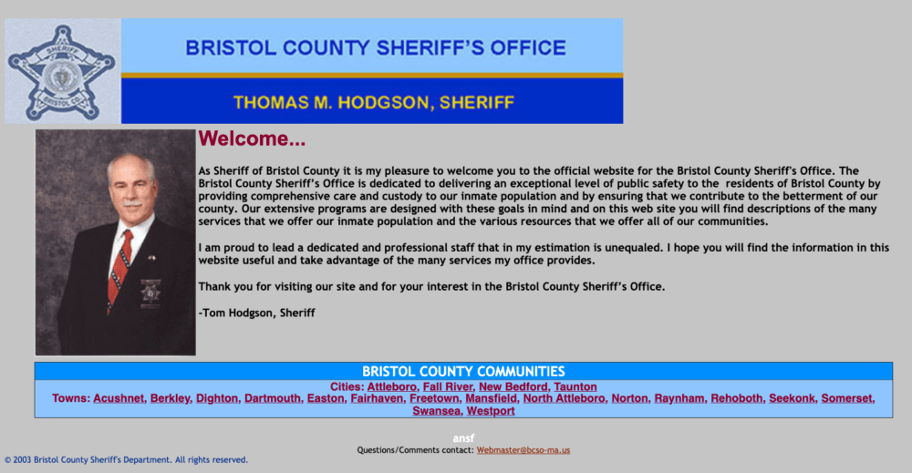 The Bristol County Sheriff's Office homepage in 2003, as captured by the Internet Archive's Wayback Machine.