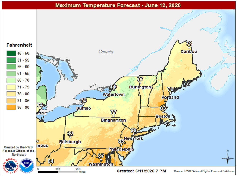 Temperatures will reach the low to mid-80s today with plenty of sunshine and dry air. (Courtesy NOAA)