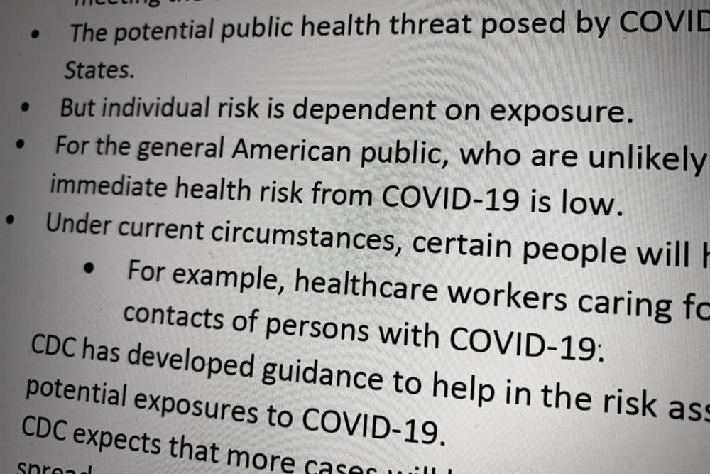 An image of a Centers for Disease Control and Prevention "daily key points" memo to states sent on Feb. 26. (Jesse Costa/WBUR)