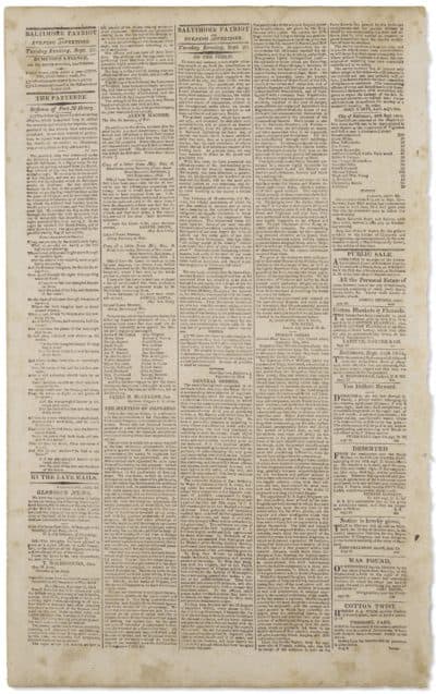 The issue of The Baltimore Patriot & Evening Advertiser for sale is dated September 20, 1814. (Courtesy Christie's)