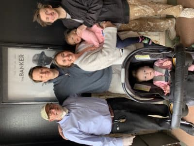 Left to right: West Newton Cinema owner David Bramante, Sean Bali, Bridget Bali, Nellie Bali, Russell Bramante and Miriam Bali. (Courtesy)