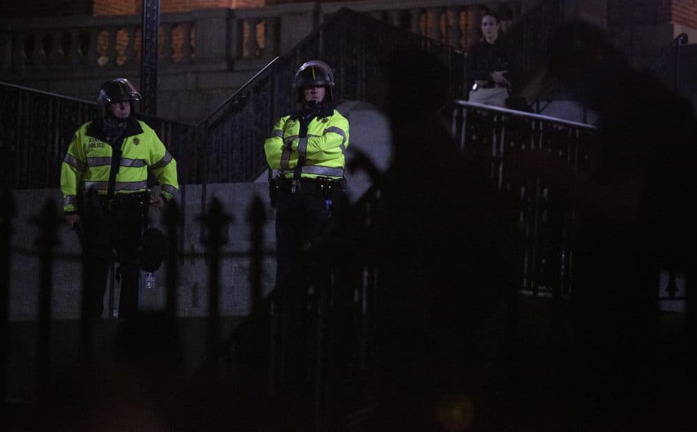 Police inside the gates of the Massachusetts State House watch protesters in June. (Robin Lubbock/WBUR)